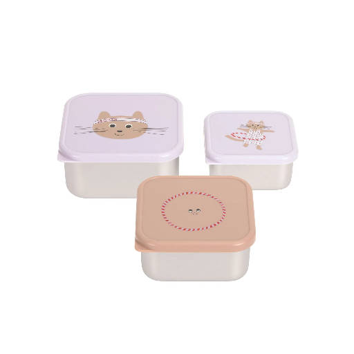 [570063] Laessig | Bewaarpotje Tiny Team Cat Snackbox Stainless Steel 3-pack