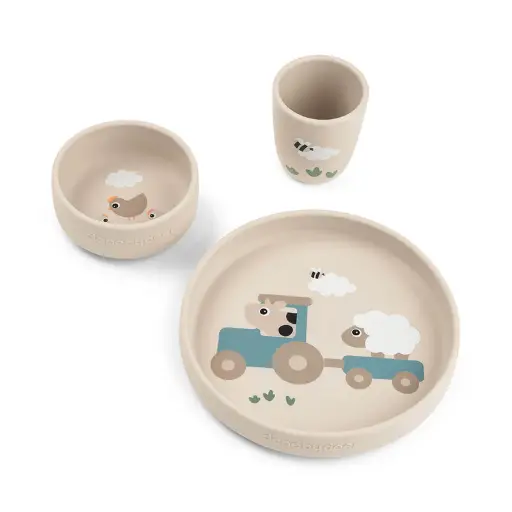 [570290] Done by Deer | Eetset Tiny Farm Stick&Stay Dinner Set Siliconen Ecru 3-delig