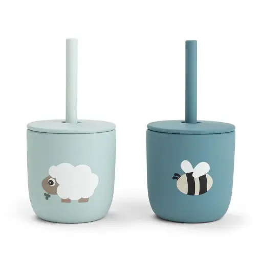 [570321] Done by Deer | Drinkbeker Tiny Farm Blue Siliconen Straw Cup Blauw 2-pack 