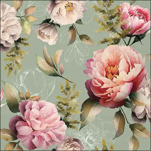 [579105] Ambiente | Servetten Peonies Composition Green 3-laags 100%FSC 33x33cm 20-pack