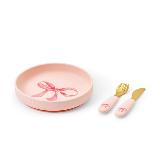 [580415] Elodie | Eetset Rosy Bow Bord/Vork/Mes Siliconen Roze