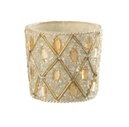 [586764] J-Line | Theelichthouder Glas/Kralen Wit/Goudkleurig Ø6x6cm