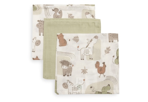 [592644] Jollein | Monddoekje Barn Buddies Ecru/Groen 31x31cm 3-pack