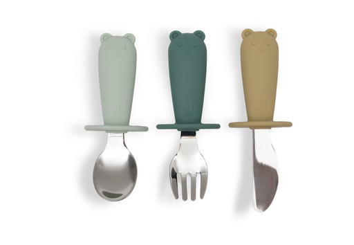 [592653] Jollein | Bestek Lepel/Vork/Mes Natural Shades Groen/Ecru Siliconen 3-delig