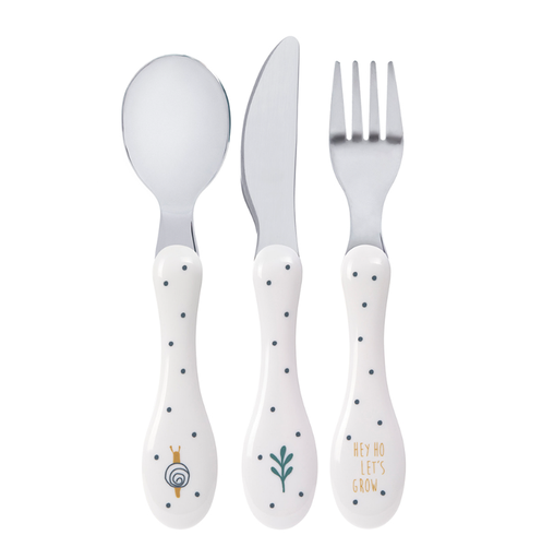 [408606] LEPEL/VORK/MES, 3 delig, Garden Explorer, Cutlery, wit, all over print stippen/print slak, van 12 maand, bestek