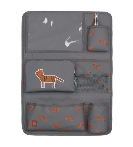 [408633] ORGANISER VOOR IN DE WAGEN, Safari tiger, Car Wrap-to-Go, grijs, all over tijger print, met 8 vak(ken), 44x60cm