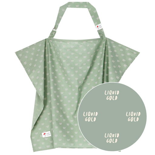 [482735] BORSTVOEDINGSDOEK, liquid gold, schort, Nursing Cover, groen, uni met tekst liquid gold, katoen, model: schort