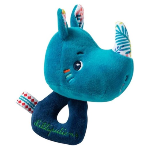 [412239] RAMMELAAR, Marius, Mini-rammelaar, blauw, uni, textiel, neushoorn, +muziek, vanaf 3 maanden