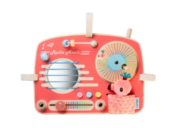 [412269] EDUCATIEF SPEELGOED, Anais, Radio activiteitenpaneel, roze, hout/textiel, +muziek, +activities, vanaf 9 maanden