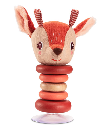 [453520] SPEELGOED EETSTOEL, Swingende rammelaar, Stella, oranje, hert, hout/textiel, vanaf 6 maanden, met zuignap