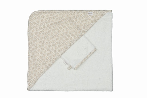 [475923] BADCAPE, Boho taupe, bruin/ecru, uni/all over strepen print, jersey/bamboe, 80x80cm, met washandje, 2023