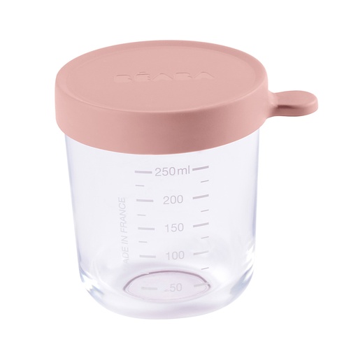 [338073] BEWAARPOTJE, dark pink, roze/ transparant, glas/siliconen, 1x 250 ml, met maatverdeling