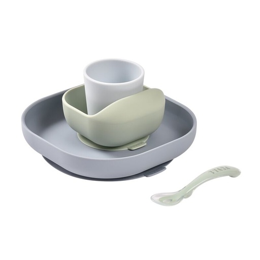 [386744] EETSET, jungle, uni, 4 delig: plat bord, kom, lepel, drinkbeker, volledig silicone, 2020