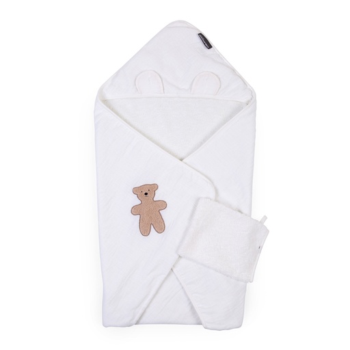 [442531] BADCAPE, Teddy, bruin/ecru, uni, brod beer, jersey/badstof, 80x80cm, met washandje