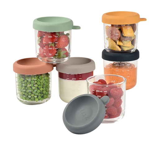 [471896] Beaba | Bewaarpotje Sunrise Glas/Siliconen Color Mix 250ml 6-pack