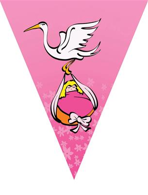 [229370] DECORATIE, vlaggenlijn, roze, ooievaar print met baby in mandje, 5 m