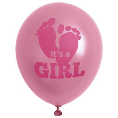 [229388] BALLON, Baby Girl, roze, print ooievaar met baby in mandje, vorm: rond, dia: 25 cm, 12 stuk(s), per doosje