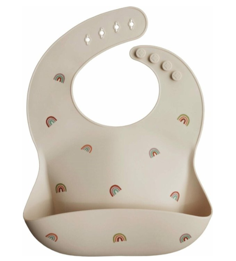 [398814] SLABBETJE, rainbow, ecru, aop regenbogen , drukknopensluiting, silicone, 24x26cm, met kruimelvanger, waterdicht, 1 stuk