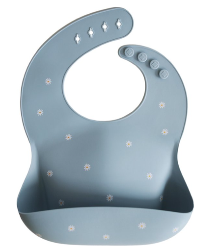 [409393] SLABBETJE, white daisy, blauw, aop bloemen, drukknopensl, silicone, 24x26cm, met kruimelvanger, 1 stuk(s)