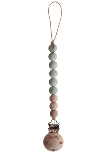 [441739] FOPSPEENKETTING, Eva, sage, uni, lint silicone met clip in hout, kralensnoer, L: 21.5 cm, vr fopspeen met ring