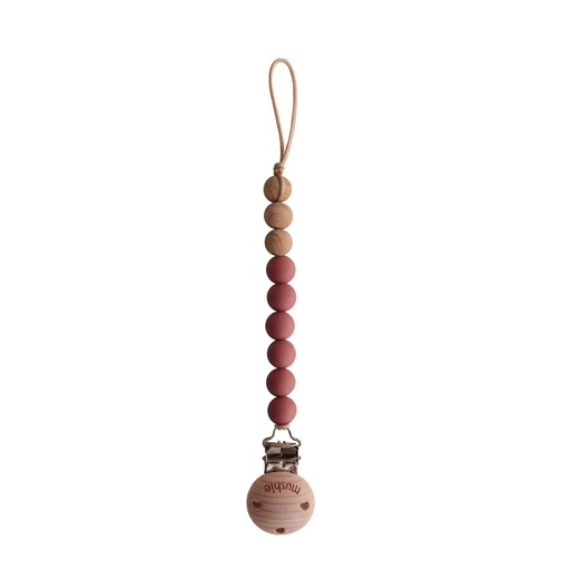 [441740] FOPSPEENKETTING, Eva, redwood, uni, lint silicone met clip in hout, kralensnoer, L: 21.5 cm, vr fopspeen met ring
