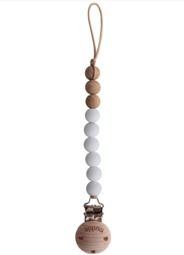 [441748] FOPSPEENKETTING, Eva, white, uni, lint silicone met clip in hout, kralensnoer, L: 21.5 cm, vr fopspeen met ring