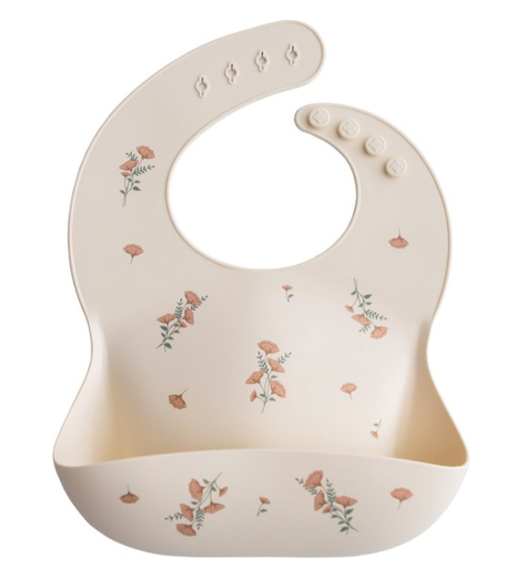 [452106] SLABBETJE, pink flowers, aop bloemen, drukknopensl., silicone, 24x26cm, met kruimelvanger, waterdicht, 1 stuk(s)