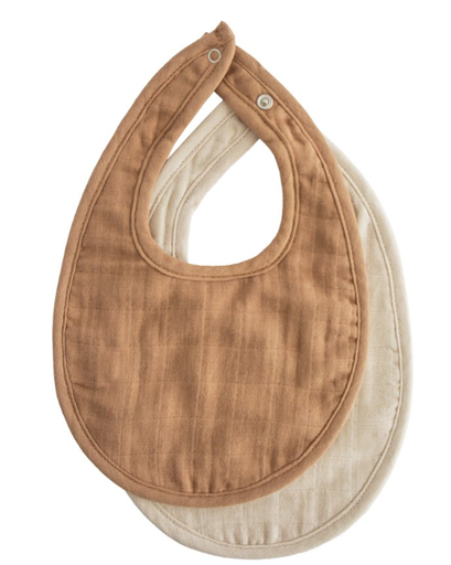 [473455] SLABBETJE, Muslin Bib 2-pack, tan/fog, bruin/ecru, uni, drukknopensluiting, tetra, 18.5x29.5cm, 2 stuk(s)