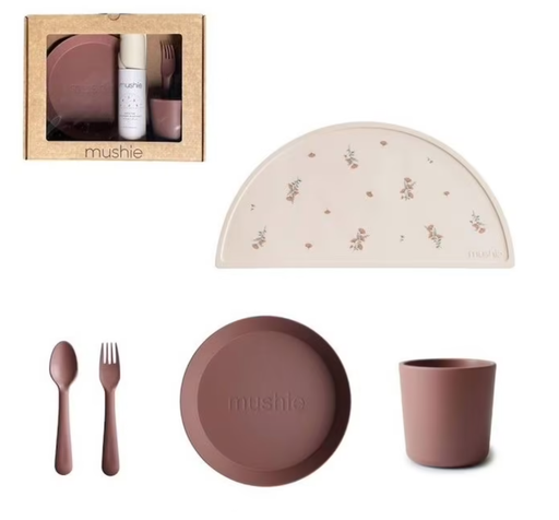 [473459] EETSET, Giftbox Dinnerware Round, wood- chuck, paars/bruin, uni, PP, 5 delig: plat bord, lepel, vork, tas, placemat