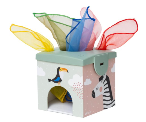 [456034] EDUCATIEF SPEELGOED, Magic Box, inhoud: 5 organza doekjes/5 kleurrijke balletjes /5 voedselspeelkaarten, vanaf 9 maanden