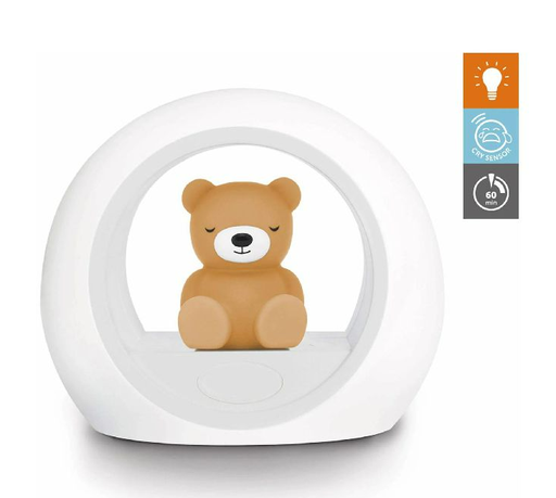 [450492] NACHTLAMP DRAADLOOS, Billy Bear, camel, wit/bruin, rond, beer, 18x15cm, LED lampje