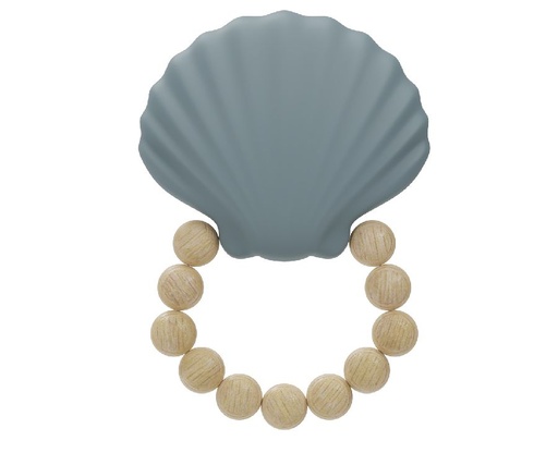 [481616] BIJTRING, Teether, shell blue, blauw, uni, hout/siliconen, vanaf 0 maand
