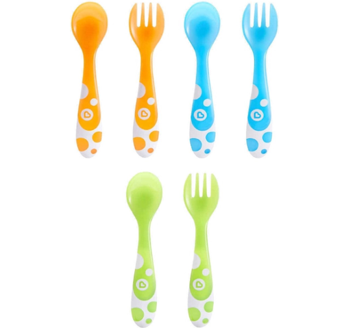 [446084] LEPEL/VORK, 6 delig, Multi Coloured Forks & Spoons, uni/all over stippen print, van 12 maand, bestek