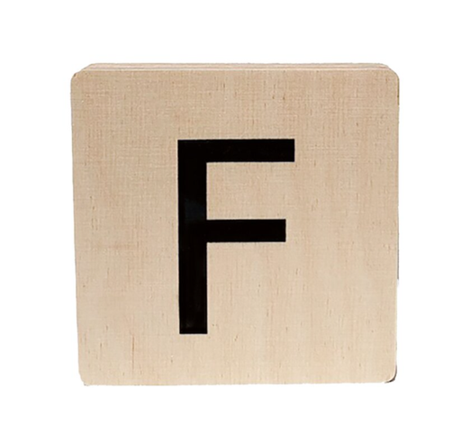 [480713] HOUTEN LETTER, F, zwart/bruin, letter F, hout, vierkant, B: 1.8 cm, H: 10 cm, L: 10 cm, decoratie