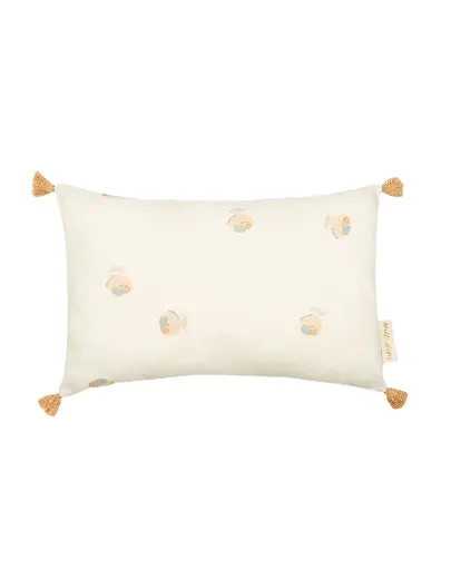 [417984] KUSSEN MET VASTE SLOOP, Sublim, blossom, ecru, aop bloemt, appl 4 sierkwastjes, rechthoekig, 20x35cm, sierkussen