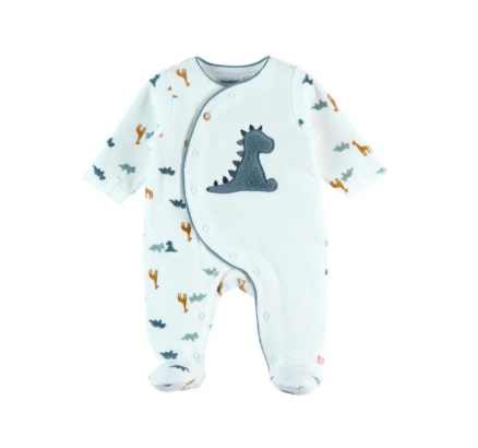 [426252] PYJAMA 1-DELIG, Tiga & Stegi, M:68, boys, wit, aop dino, brod dino, V-hals, LM, velours, met voet, nachtkledij