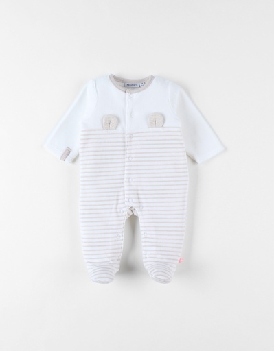 [470081] PYJAMA 1-DELIG, Sweet Dreams, M:56, taupe, boys/girls, wit/ecru, aop strepen ,oortjes, LM, velours, voet, nachtkledij